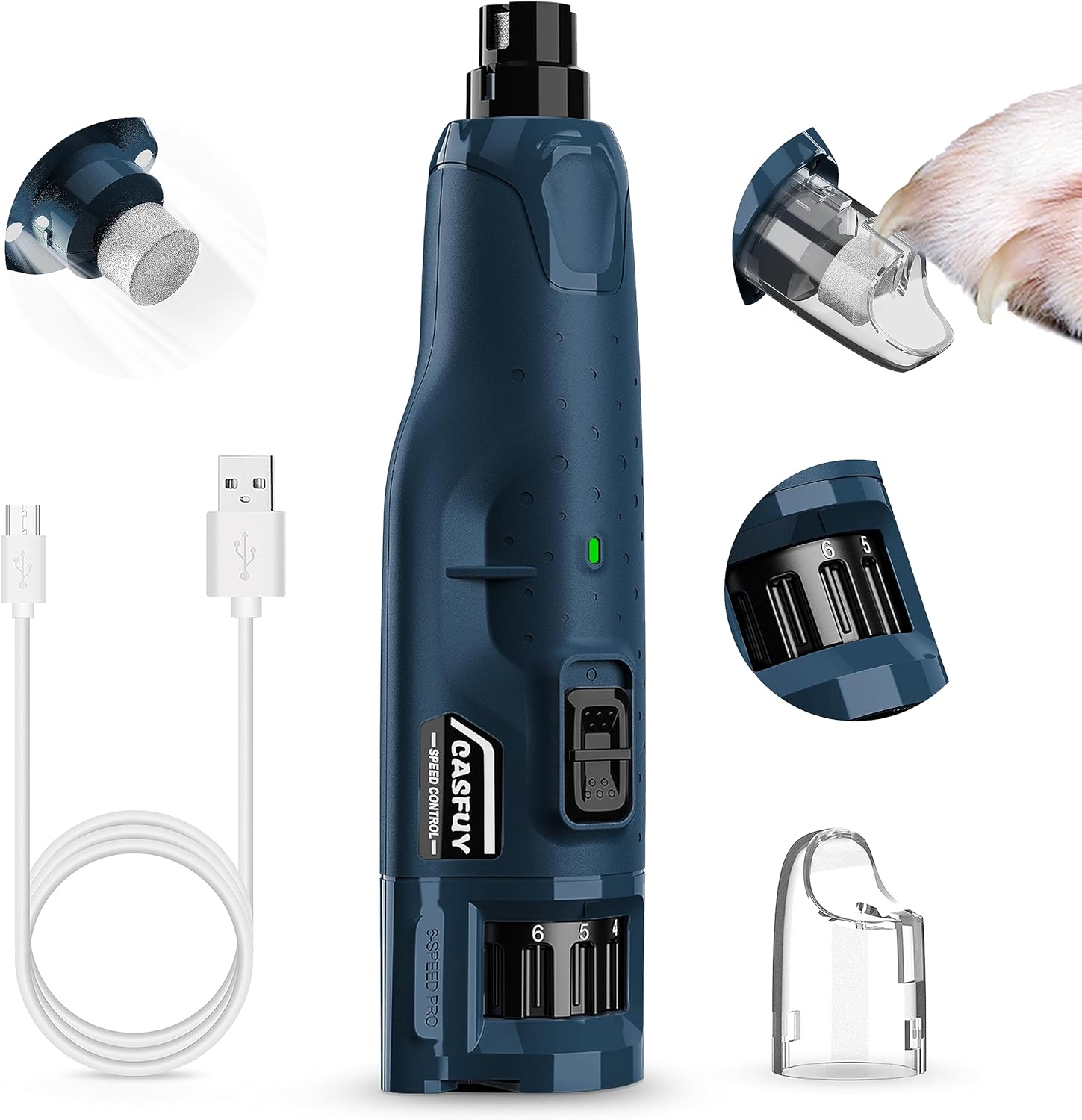 Casfuy Dog Nail Grinder Quiet (45db) 6-Speed Pet Nail Grinder with 2 LED Lights, Rechargeable